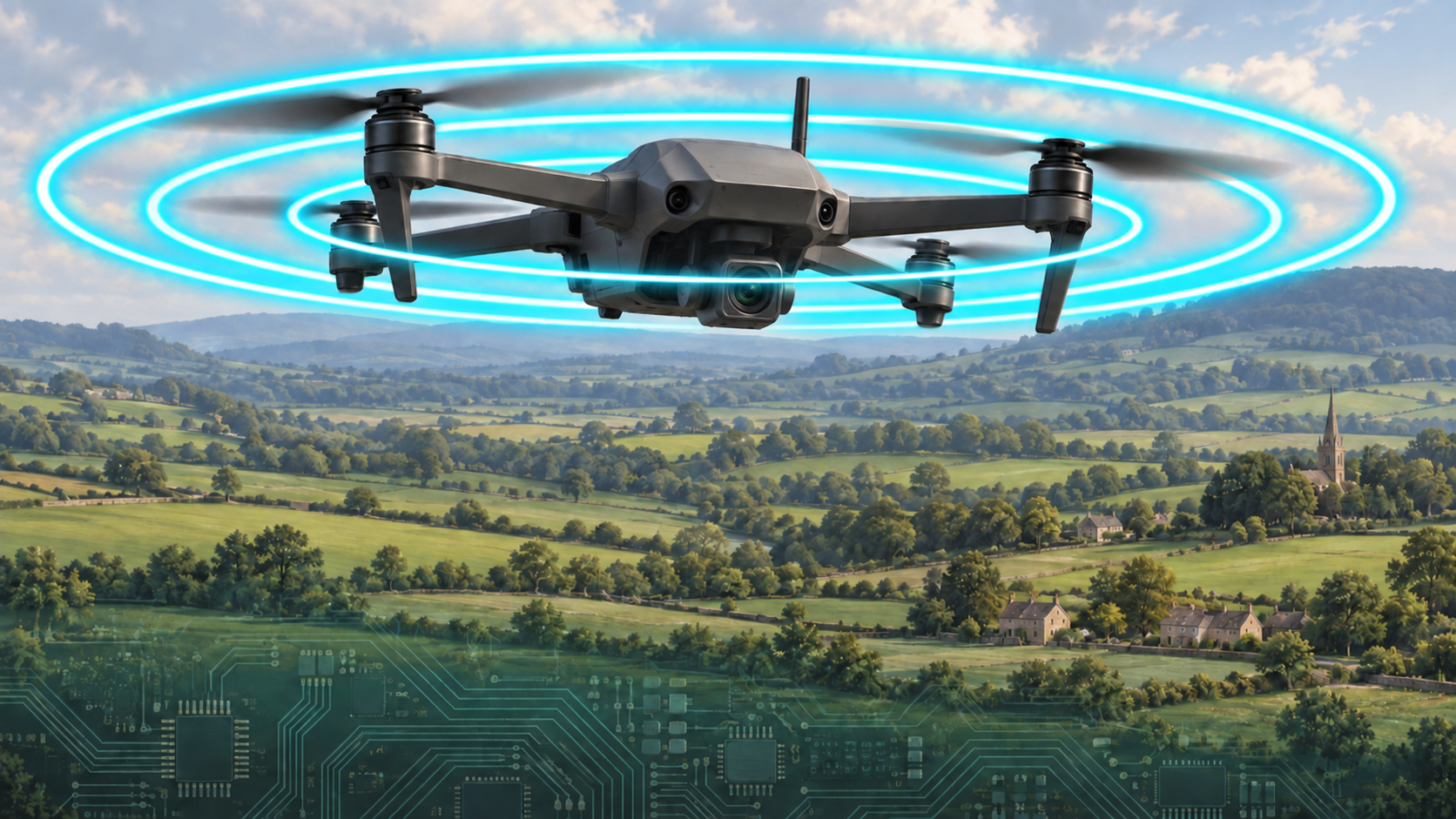 AI illustration of a quadcopter surrounded by bright concentric rings representing pulsing radio transmissions, above fields and electronic circuitry.