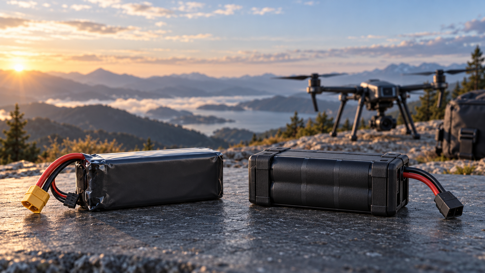 Two illustrative drone battery packs on a mountain work surface, with a landed camera drone in the background.