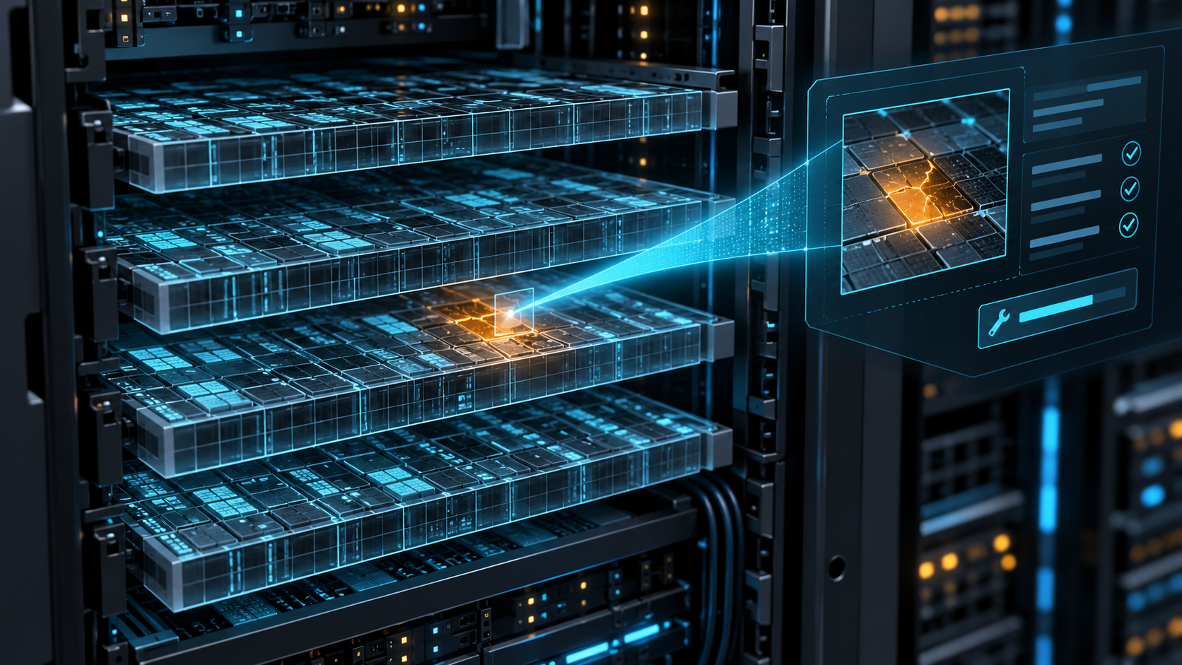 Conceptual server-memory layers with an amber fault highlighted by a cyan diagnostic beam.